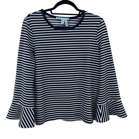 Draper James Sadler Striped Bell Sleeve Navy White Pullover Top Womens Large - Picture 2 of 6